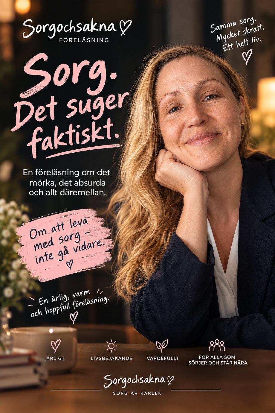 Affisch: Sorg. Det suger faktiskt. En ärlig, varm och hoppfull föreläsning om att leva med sorg – för alla som sörjer och står nära.